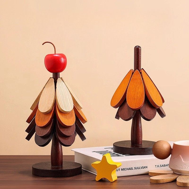 🔥Christmas Early Discount ✨Natural Tree Trivet Set - 4 Wooden Trivets & 1 Stand Like a Christmas Tree