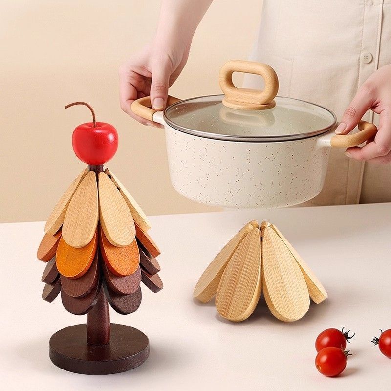 🔥Christmas Early Discount ✨Natural Tree Trivet Set - 4 Wooden Trivets & 1 Stand Like a Christmas Tree