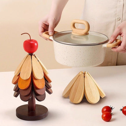 🔥Christmas Early Discount ✨Natural Tree Trivet Set - 4 Wooden Trivets & 1 Stand Like a Christmas Tree