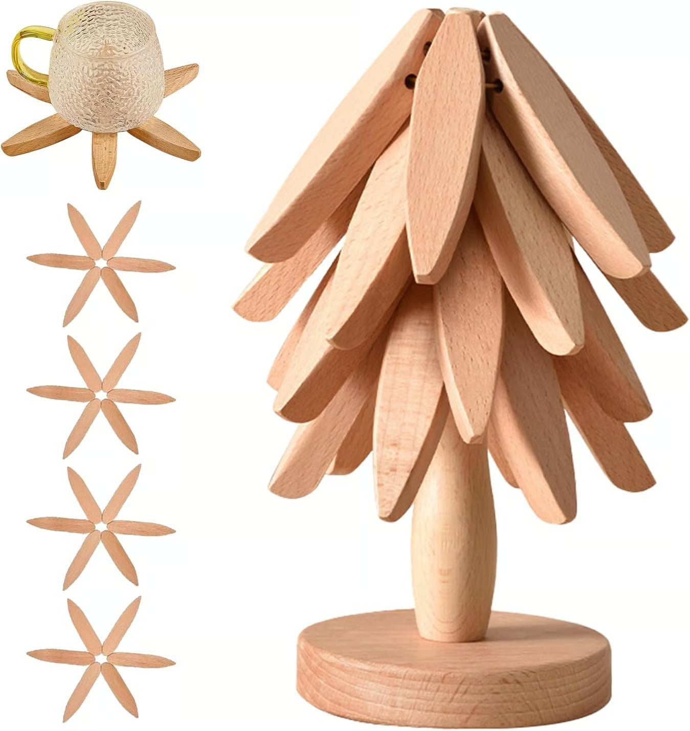 🔥Christmas Early Discount ✨Natural Tree Trivet Set - 4 Wooden Trivets & 1 Stand Like a Christmas Tree