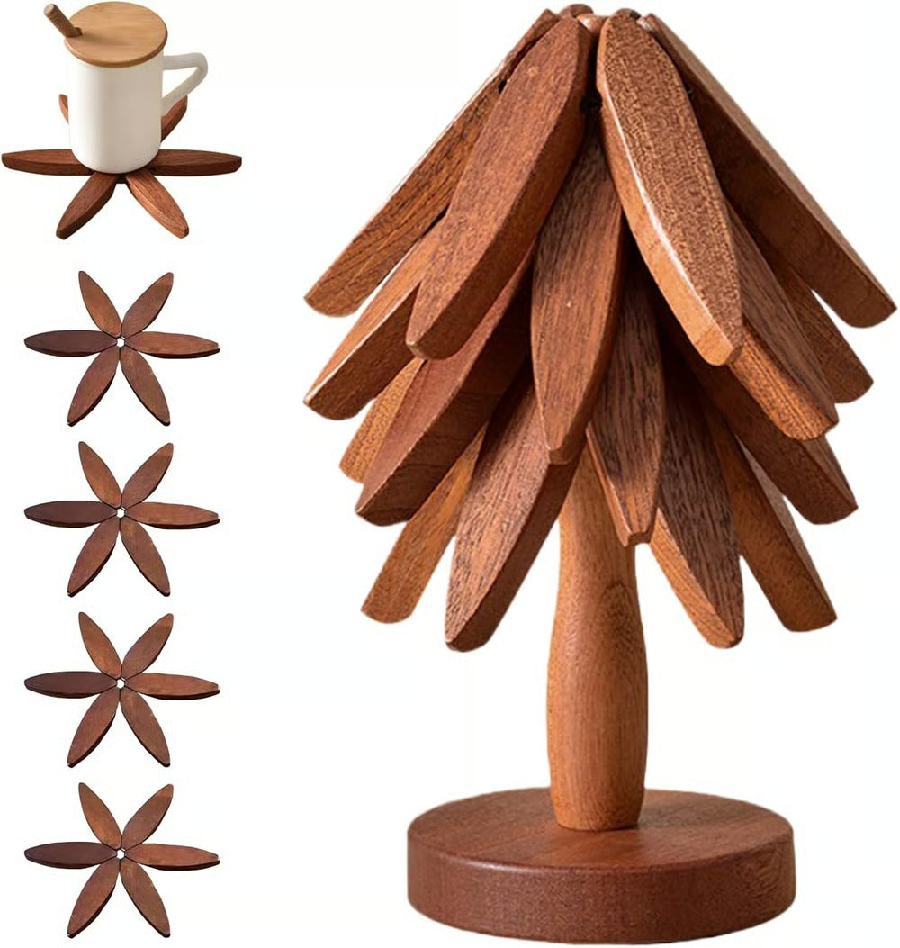 🔥Christmas Early Discount ✨Natural Tree Trivet Set - 4 Wooden Trivets & 1 Stand Like a Christmas Tree