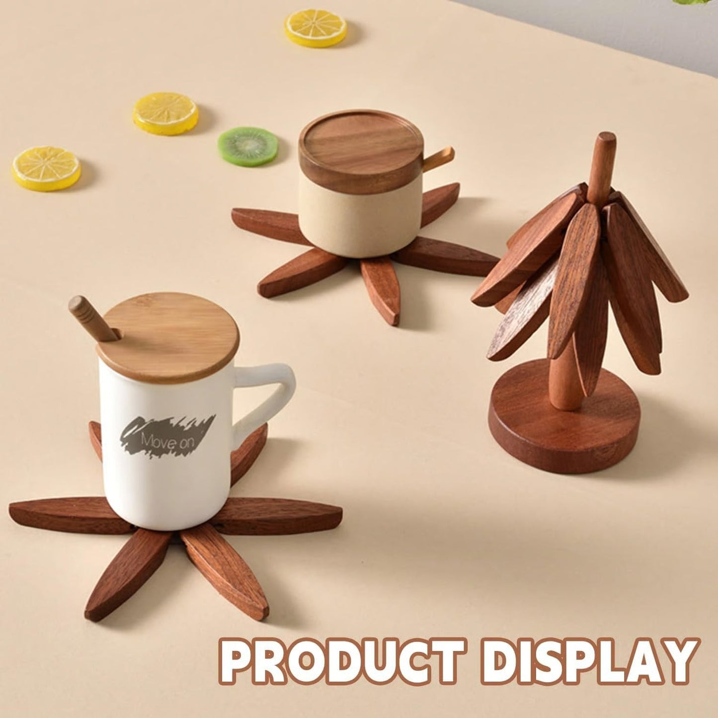 🔥Christmas Early Discount ✨Natural Tree Trivet Set - 4 Wooden Trivets & 1 Stand Like a Christmas Tree