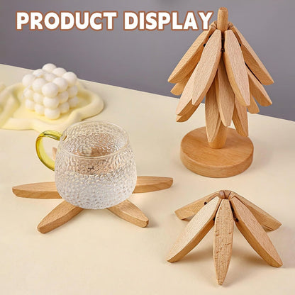 🔥Christmas Early Discount ✨Natural Tree Trivet Set - 4 Wooden Trivets & 1 Stand Like a Christmas Tree