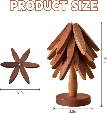 🔥Christmas Early Discount ✨Natural Tree Trivet Set - 4 Wooden Trivets & 1 Stand Like a Christmas Tree